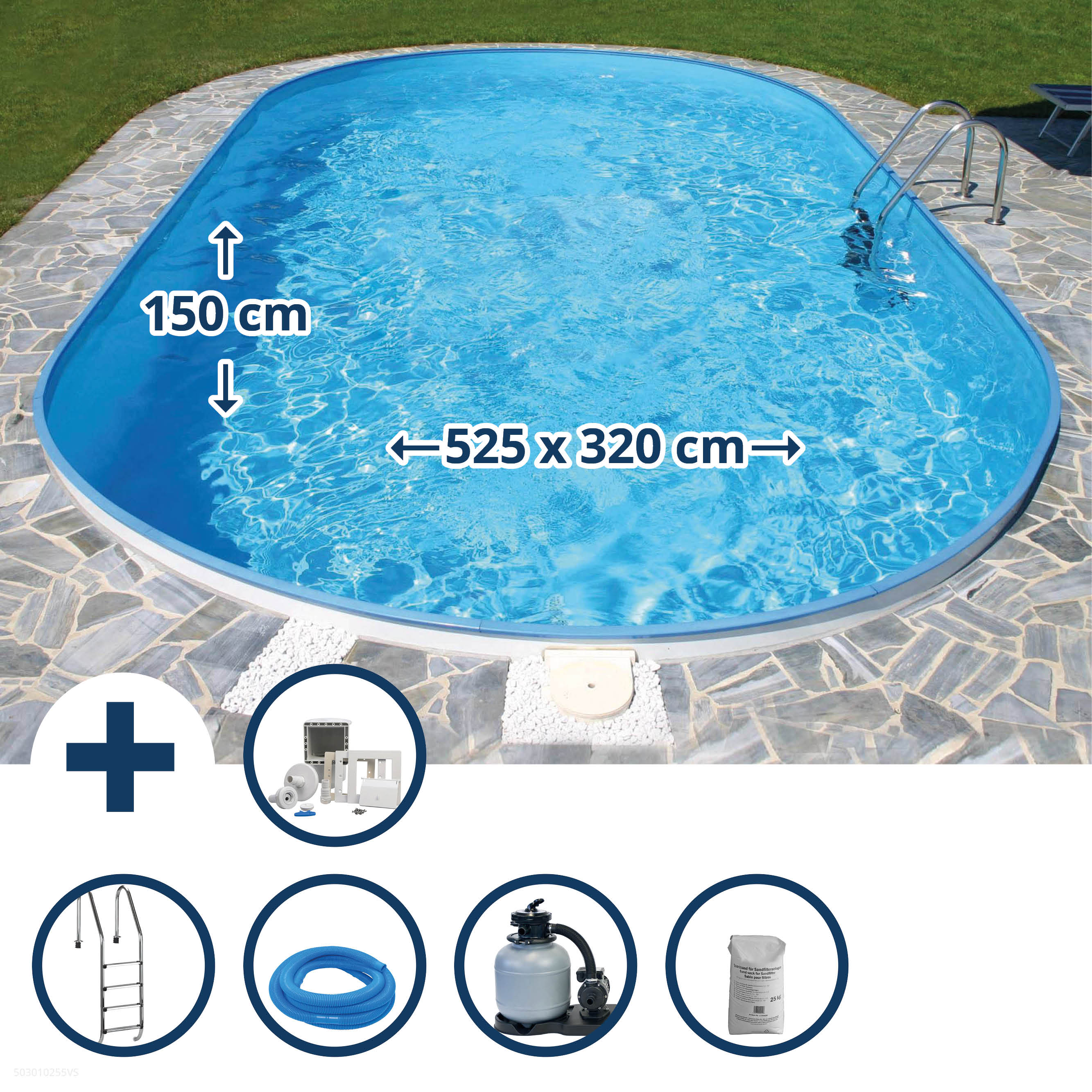 Stahlwandpool Set (10-teilig) tief oval Formentera 525x320x150 cm, Stahl 0,8mm weiß Folie 0,6mm blau